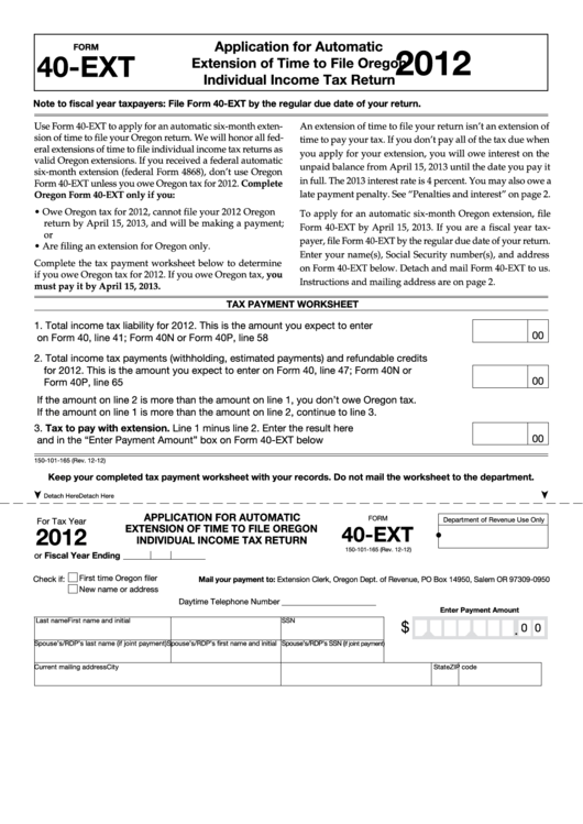Fillable Form 40-Ext - Application For Automatic Extension Of Time To File Oregon Individual Income Tax Return - 2012 Printable pdf