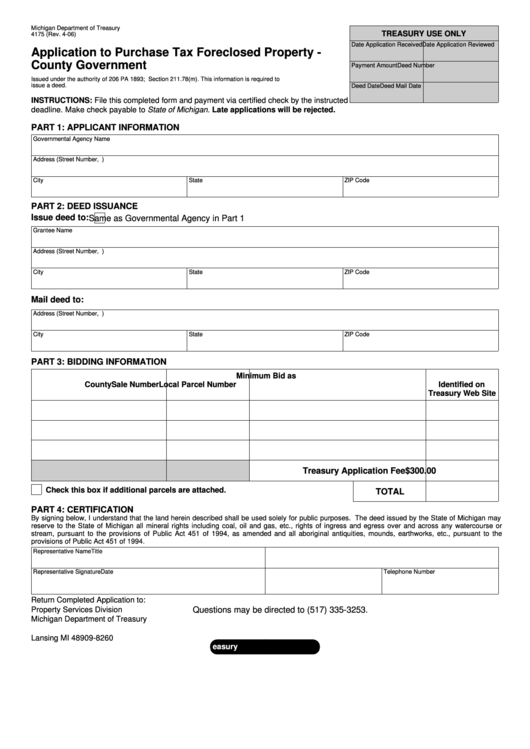 Fillable Form 4175 - Application To Purchase Tax Foreclosed Property - County Government Printable pdf