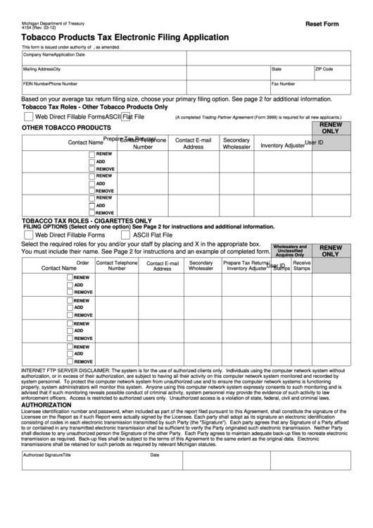 Fillable Form 4154 - Tobacco Products Tax Electronic Filing Application Printable pdf