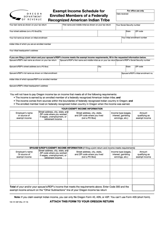 Fillable Form 150-101-687 - Exempt Income Schedule For Enrolled Members Of A Federally Recognized American Indian Tribe Printable pdf
