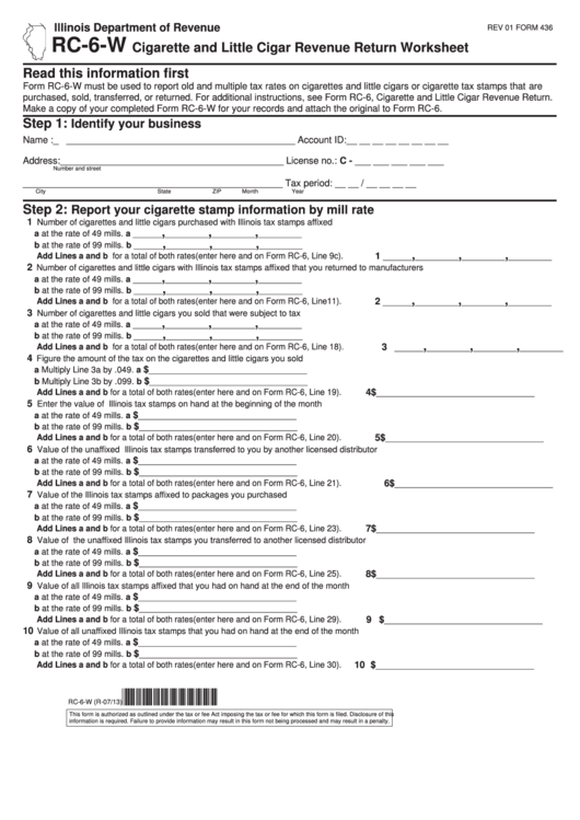 Fillable Form Rc-6-W - Cigarette And Little Cigar Revenue Return Worksheet Printable pdf