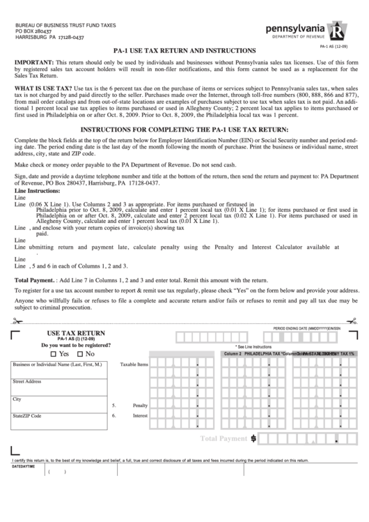 Form Pa-1 As (I) - Use Tax Return Printable pdf