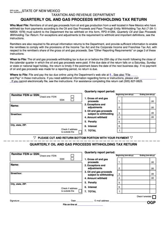 Fillable Form Rpd-41284 - Quarterly Oil And Gas Proceeds Withholding Tax Return Printable pdf