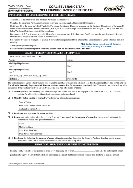 Fillable Form 55a004 Coal Severance Tax Sellerpurchaser Certificate Printable Pdf Download 8137