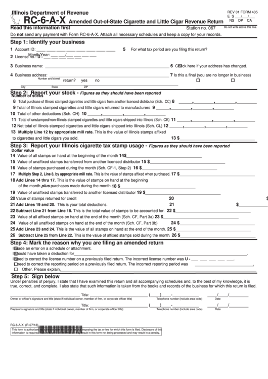 Fillable Form Rc-6-A-X - Amended Out-Of-State Cigarette And Little Cigar Revenue Return Printable pdf