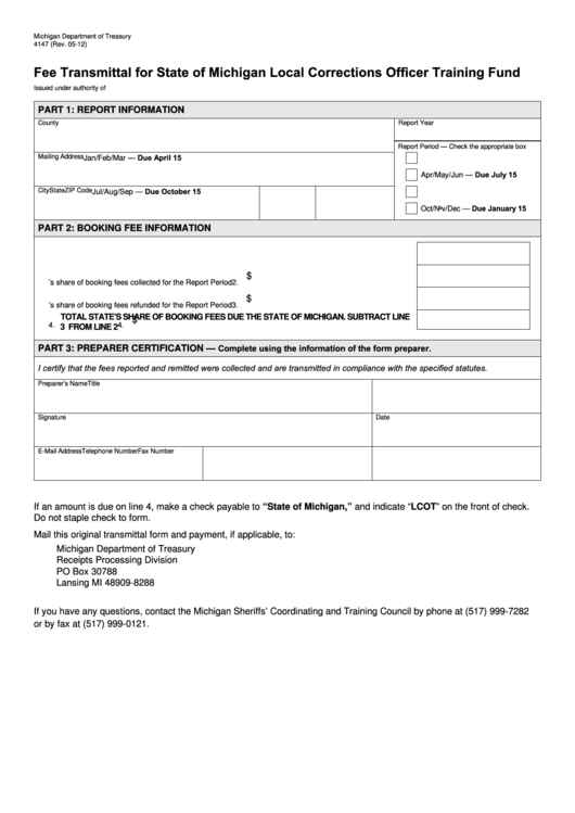 Fillable Form 4147 - Fee Transmittal For State Of Michigan Local Corrections Officer Training Fund Printable pdf