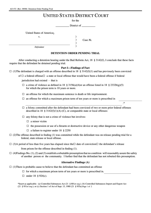 Fillable Form Ao 472 - Detention Order Pending Trial - United States District Court Printable pdf