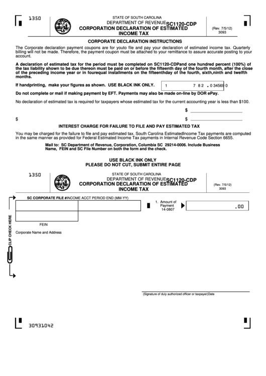 Form Sc1120-Cdp - South Carolina Corporation Declaration Of Estimated Income Tax Printable pdf