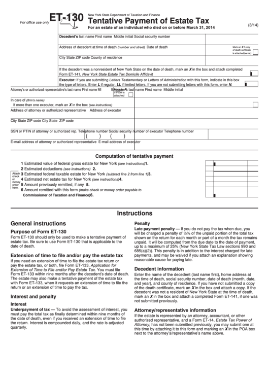 Form Et130 New York Tentative Payment Of Estate Tax printable pdf