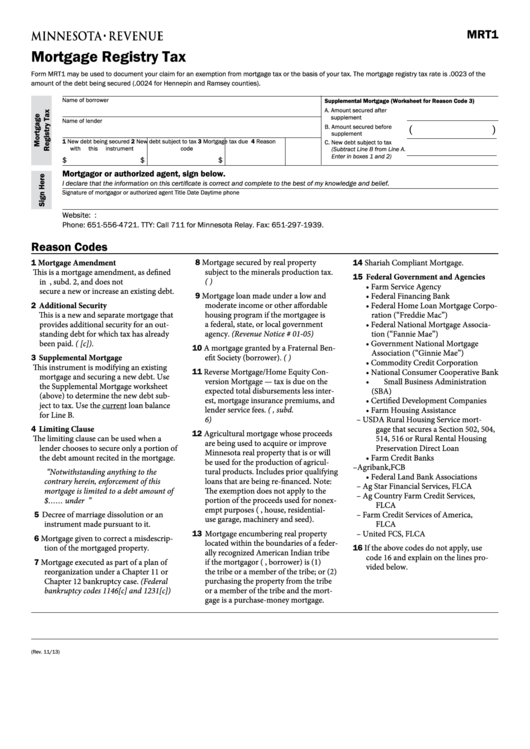 Fillable Form Mrt1 - Minnesota Mortgage Registry Tax Printable pdf