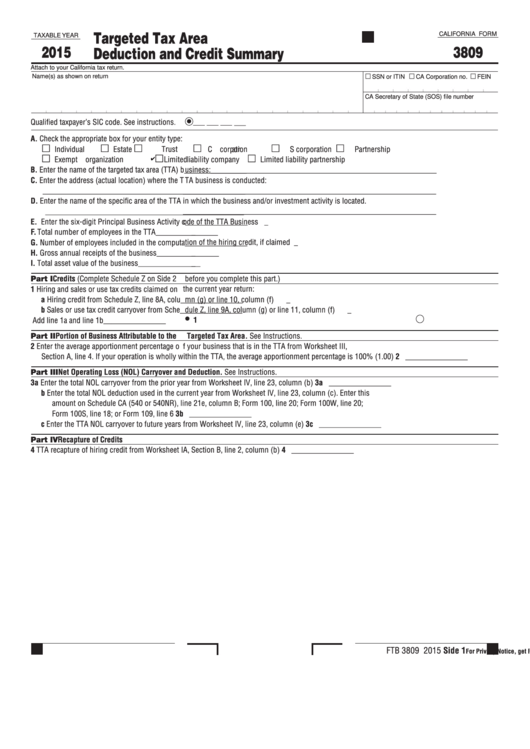 Fillable Form 3809 - California Targeted Tax Area Deduction And Credit Summary - 2015 Printable pdf