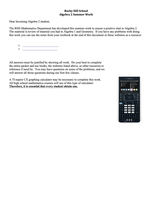Algebra 2 Summer Worksheet Printable pdf