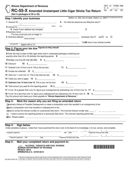 Fillable Form Rc-55-X - Amended Unstamped Little Cigar Sticks Tax Return Printable pdf