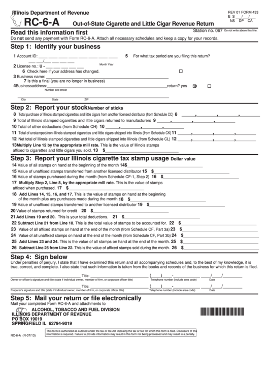 Fillable Form Rc-6-A - Out-Of-State Cigarette And Little Cigar Revenue Return Printable pdf