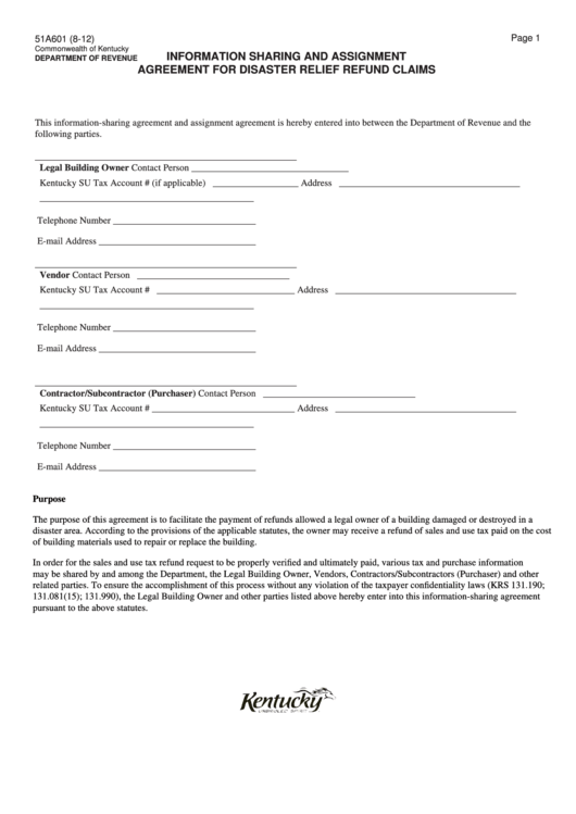 Fillable Form 51a601 - Information Sharing And Assignment Agreement For Disaster Relief Refund Claims Printable pdf