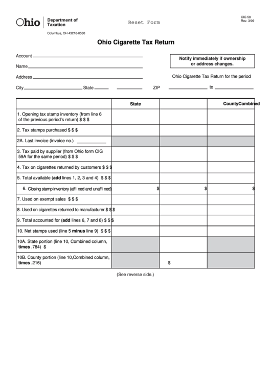 Fillable Form Cig 58 - Ohio Cigarette Tax Return Printable pdf