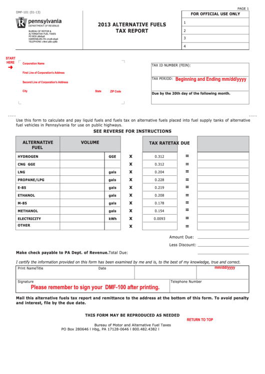 Fillable Form Dmf-101 - Alternative Fuels Tax Report - 2013 Printable pdf