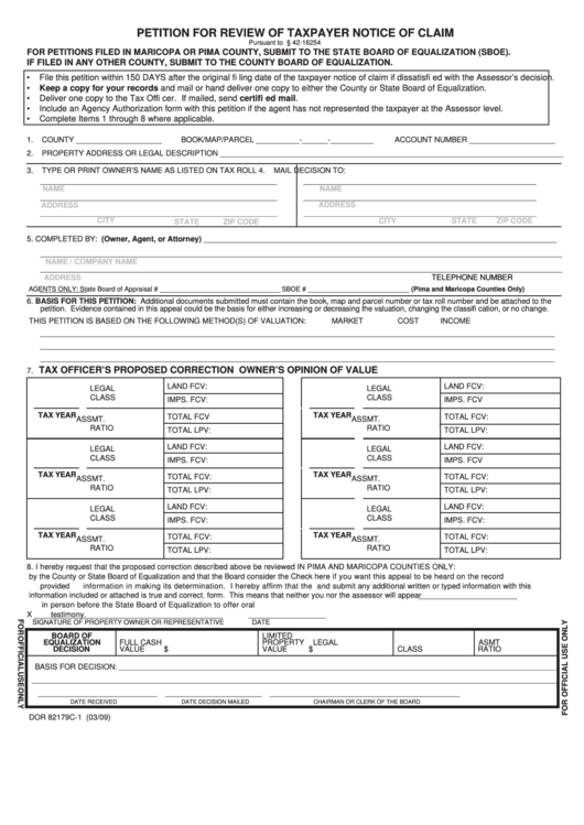 Fillable Form Dor 82179c-1 - Petition For Review Of Taxpayer Notice Of Claim Printable pdf