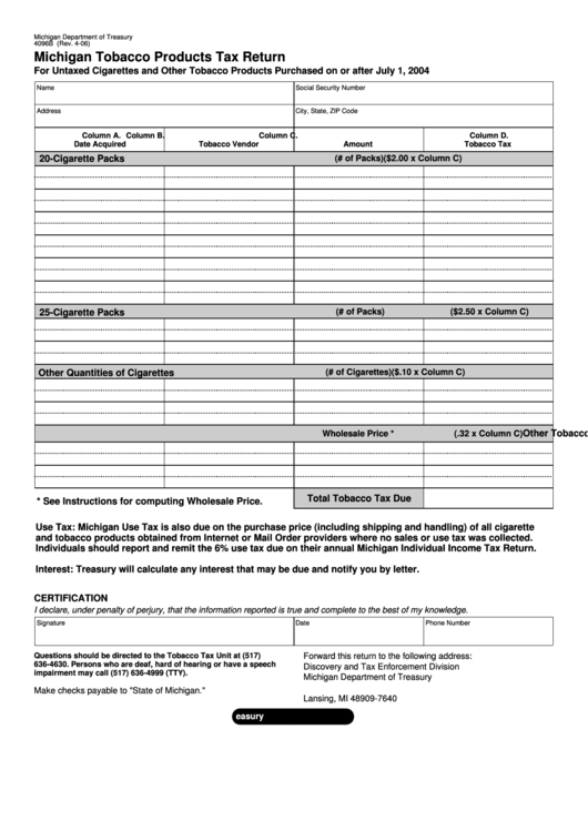 Fillable Form 4096b - Michigan Tobacco Products Tax Return Printable pdf