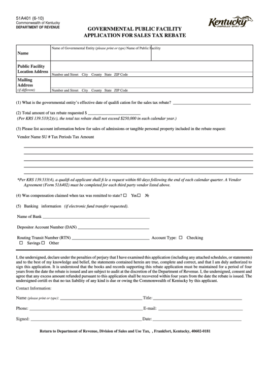 Form 51a401 - Governmental Public Facility Application For Sales Tax Rebate Printable pdf