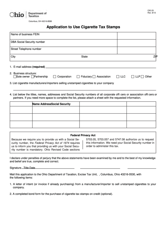 Fillable Form Cig 23 - Application To Use Cigarette Tax Stamps Printable pdf