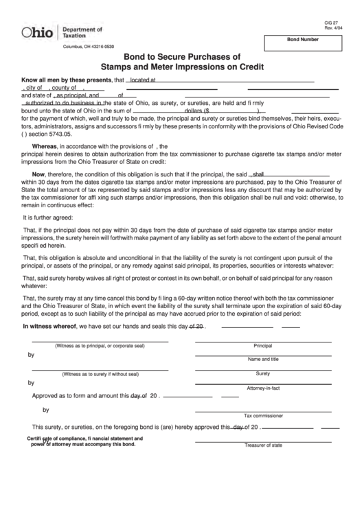 Fillable Form Cig 27 - Bond To Secure Purchases Of Stamps And Meter Impressions On Credit Printable pdf