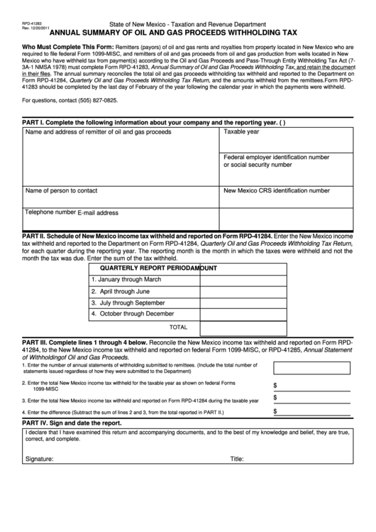 Fillable Form Rpd-41283 - Annual Summary Of Oil And Gas Proceeds Withholding Tax Printable pdf