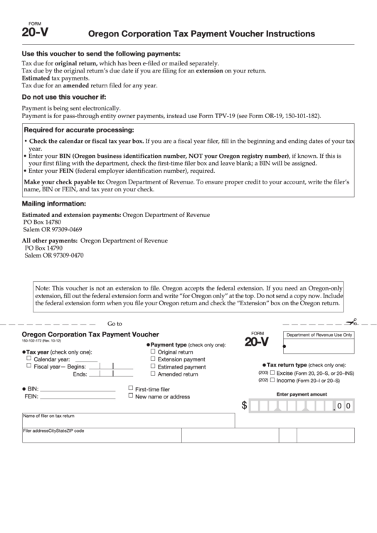 Fillable Form 20-V - Oregon Corporation Tax Payment Voucher Printable pdf