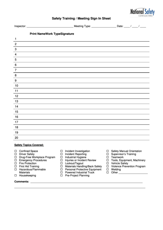 Fillable Safety Training/meeting Sign In Sheet Template Printable pdf