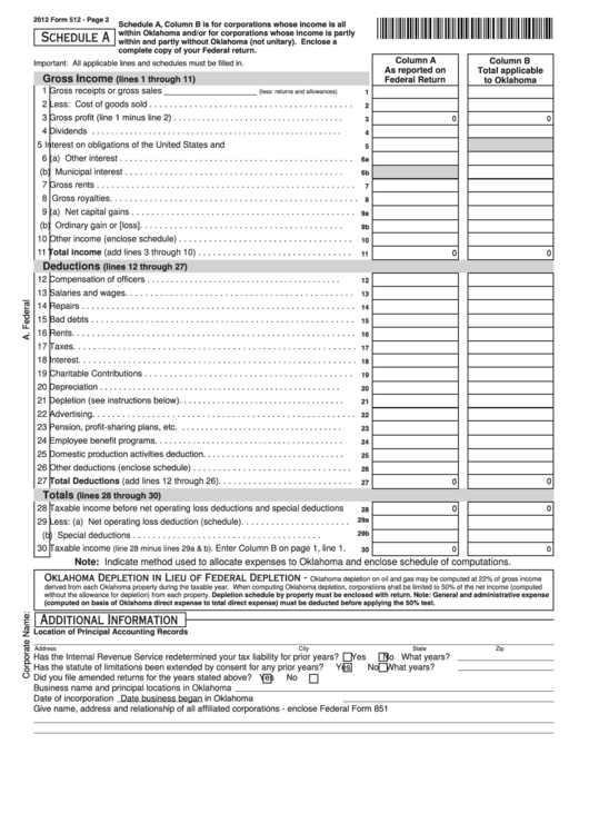 Fillable Form 512 - Schedule A - 2012 Printable pdf