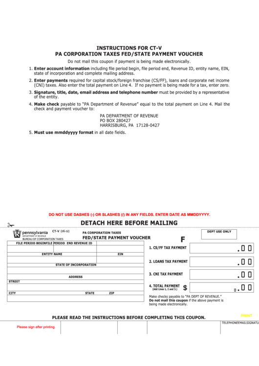 Fillable Form Ct-V - Fed/state Payment Voucher Printable pdf