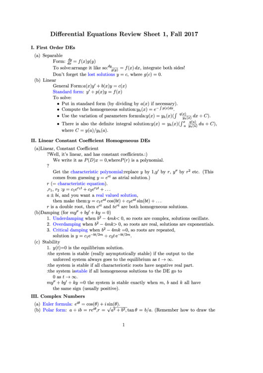 Differential Equations Review Sheet Printable pdf