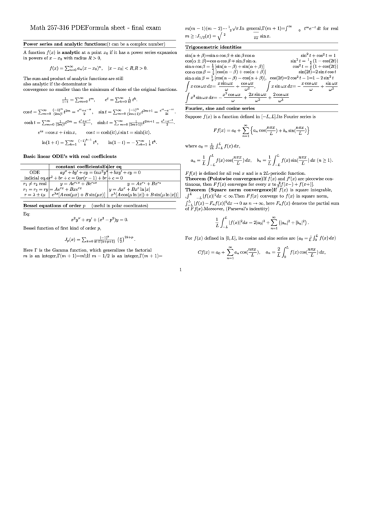 Formula Sheet - Final Exam Printable pdf