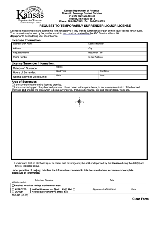 Fillable Form Abc-843 - Request To Temporarily Surrender Liquor License Printable pdf