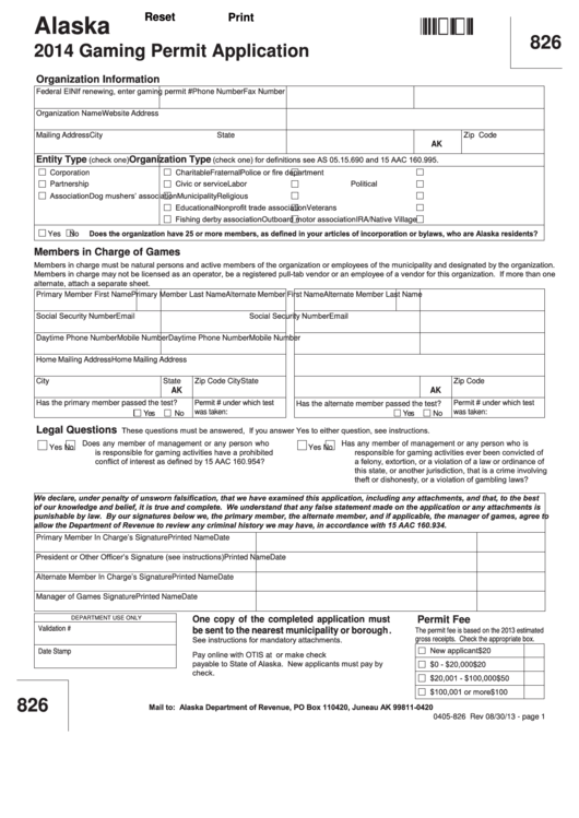 Fillable Form 0405-826 - Gaming Permit Application - 2014 Printable pdf