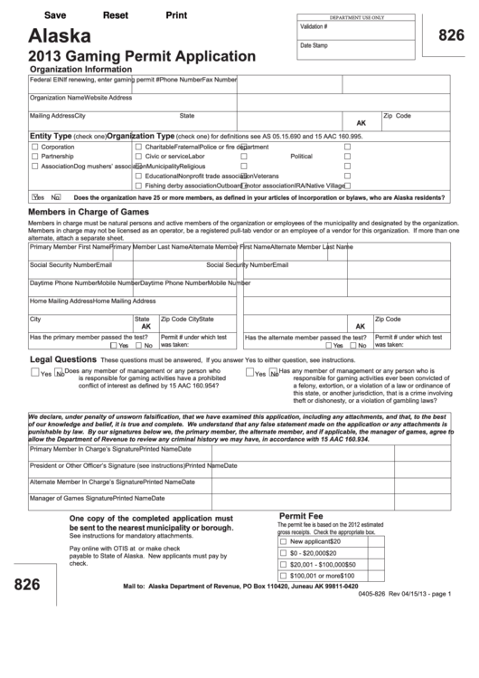 Fillable Form 0405-826 - Gaming Permit Application - 2013 Printable pdf