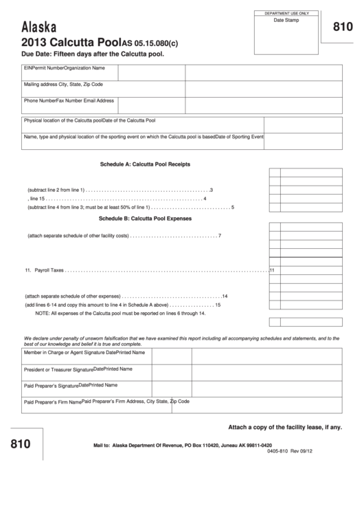 Form 0405-810 - Calcutta Pool As 05.15.080(C) - 2013 Printable pdf