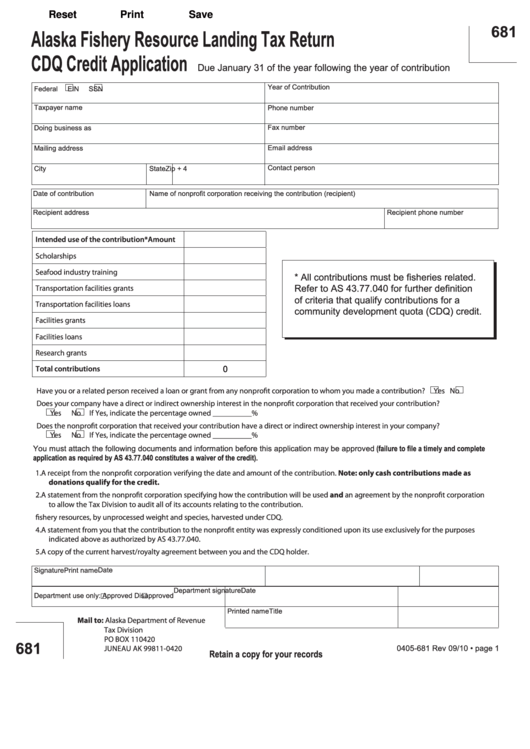 Fillable Form 0405-681 - Alaska Fishery Resource Landing Tax Return Cdq Credit Application Printable pdf