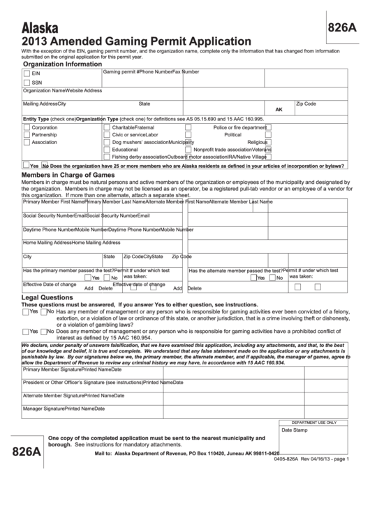 Fillable Form 0405-826 - Amended Gaming Permit Application - 2013 Printable pdf
