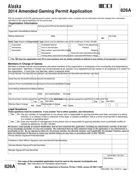 Fillable Form 0405-826a - Amended Gaming Permit Application - 2014 Printable pdf