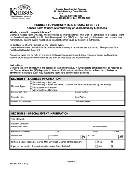 Fillable Form Abc-842 - Request To Participate In Special Event By Kansas Farm Winery, Microbrewery Or Microdistillery Licensees Printable pdf