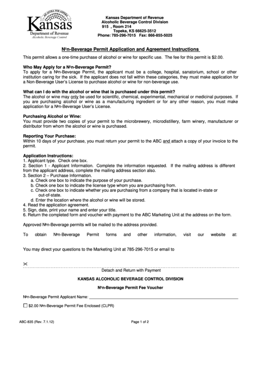 Fillable Form Abc-835 - Non-Beverage Permit Application And Agreement Printable pdf