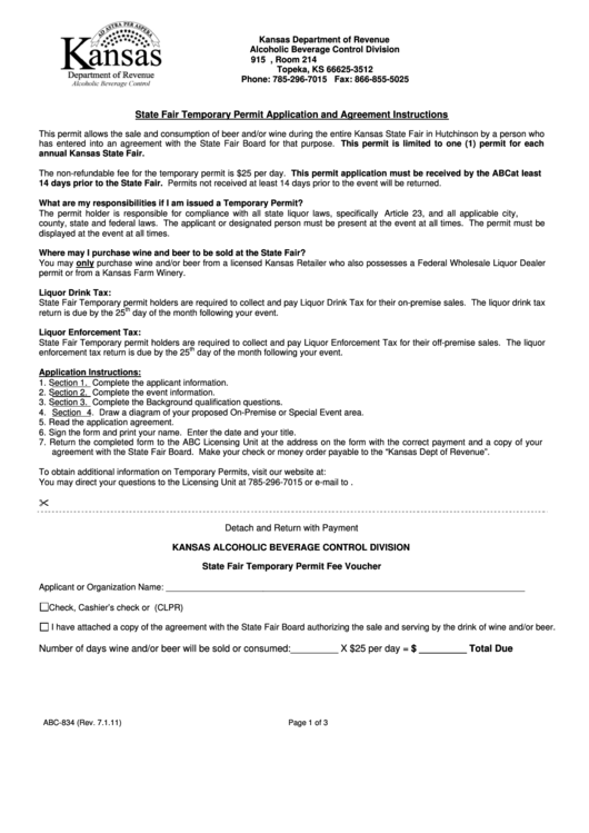 Fillable Form Abc-834 - State Fair Temporary Permit Application And Agreement Printable pdf