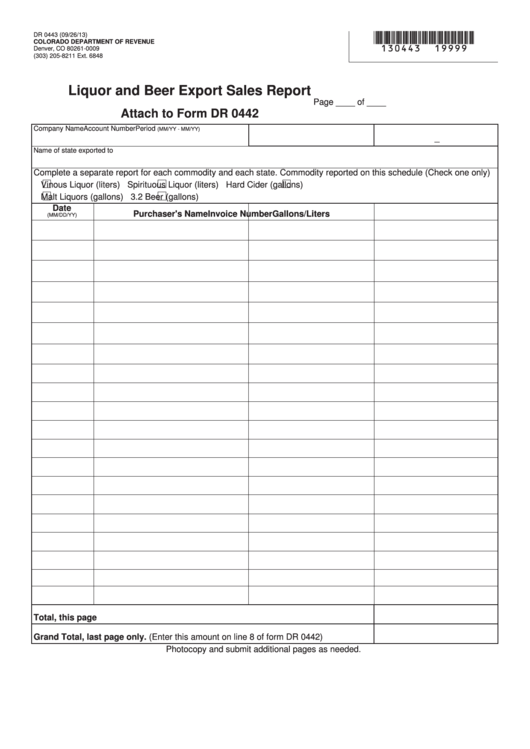Fillable Form Dr 0443 - Liquor And Beer Export Sales Report Attach To Form Dr 0442 Printable pdf