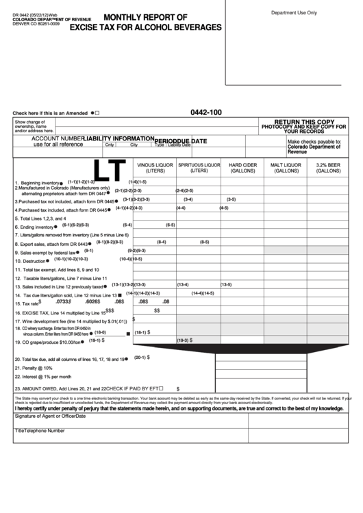 Fillable Form Dr 0442 - Monthly Report Of Excise Tax For Alcohol Beverages Printable pdf