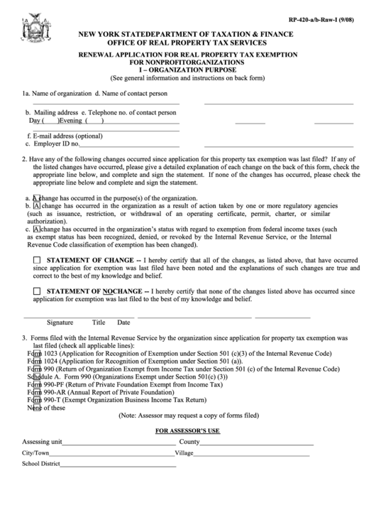 Fillable Form Rp-420-A/b-Rnw-I - Renewal Application For Real Property Tax Exemption For Nonprofit Organizations I - Organization Purpose Printable pdf