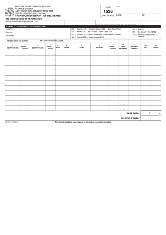 Fillable Form 1536 - Transporter Report Of Deliveries Printable pdf