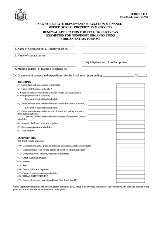 Fillable Form Rp-420-A/b-Rnw-I - Renewal Application For Real Property Tax Exemption For Nonprofit Organizations I-Organization Purpose Printable pdf