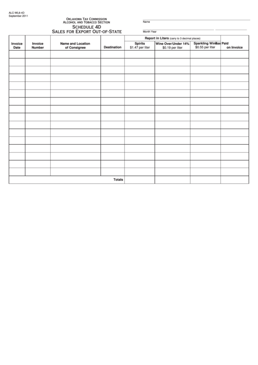 Fillable Form Alc-Wl8-4d - Sales For Export Out-Of-State Printable pdf