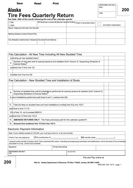 Fillable Form 0405-200 - Tire Fees Quarterly Return Printable pdf